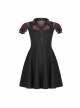 V-Neck Ruffled Short-Sleeved Check Chiffon Punk Waisted Skull Stud Dress