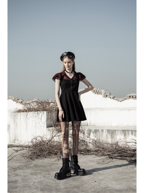 V-Neck Ruffled Short-Sleeved Check Chiffon Punk Waisted Skull Stud Dress