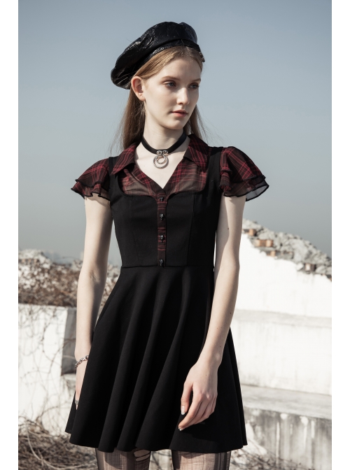 V-Neck Ruffled Short-Sleeved Check Chiffon Punk Waisted Skull Stud Dress