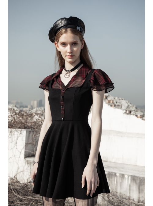 V-Neck Ruffled Short-Sleeved Check Chiffon Punk Waisted Skull Stud Dress