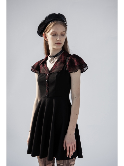 V-Neck Ruffled Short-Sleeved Check Chiffon Punk Waisted Skull Stud Dress