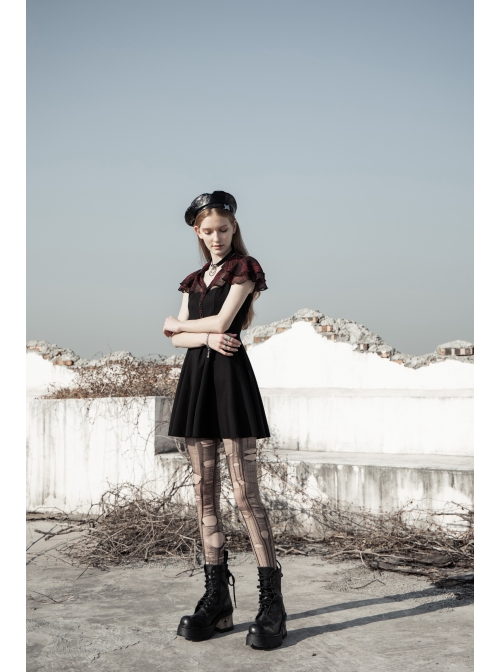 V-Neck Ruffled Short-Sleeved Check Chiffon Punk Waisted Skull Stud Dress
