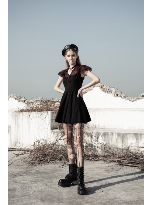 V-Neck Ruffled Short-Sleeved Check Chiffon Punk Waisted Skull Stud Dress