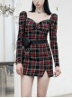 Black Red Square Neck Chest Convolution Tuck In Checkered Wrap Punk Long Sleeved Dress