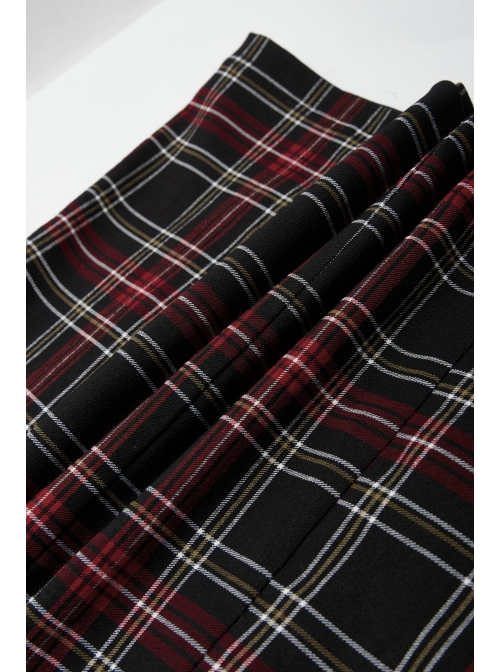 Black Red Square Neck Chest Convolution Tuck In Checkered Wrap Punk Long Sleeved Dress