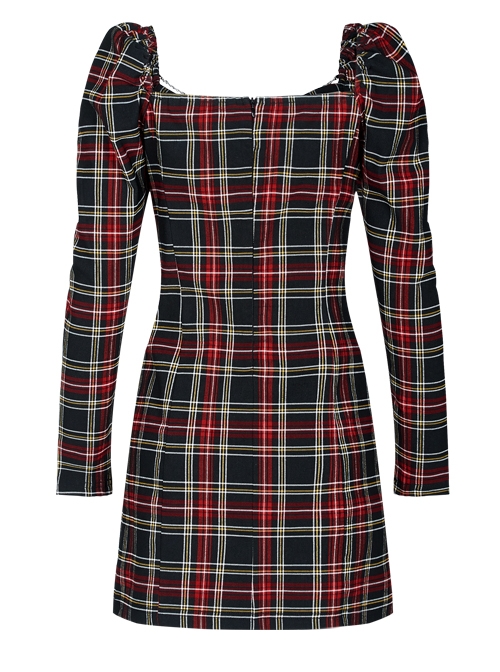 Black Red Square Neck Chest Convolution Tuck In Checkered Wrap Punk Long Sleeved Dress