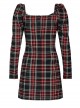 Black Red Square Neck Chest Convolution Tuck In Checkered Wrap Punk Long Sleeved Dress