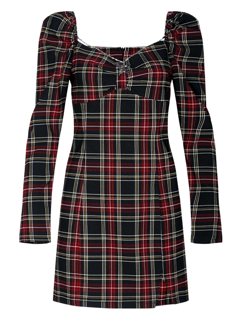 Black Red Square Neck Chest Convolution Tuck In Checkered Wrap Punk Long Sleeved Dress