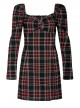 Black Red Square Neck Chest Convolution Tuck In Checkered Wrap Punk Long Sleeved Dress