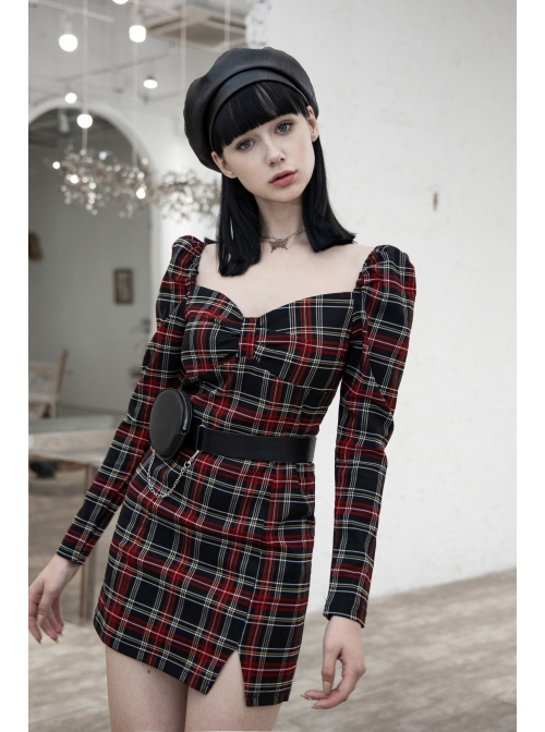 Black Red Square Neck Chest Convolution Tuck In Checkered Wrap Punk Long Sleeved Dress