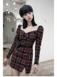 Black Red Square Neck Chest Convolution Tuck In Checkered Wrap Punk Long Sleeved Dress