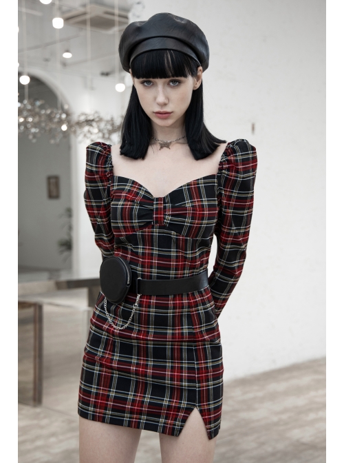 Black Red Square Neck Chest Convolution Tuck In Checkered Wrap Punk Long Sleeved Dress