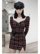 Black Red Square Neck Chest Convolution Tuck In Checkered Wrap Punk Long Sleeved Dress