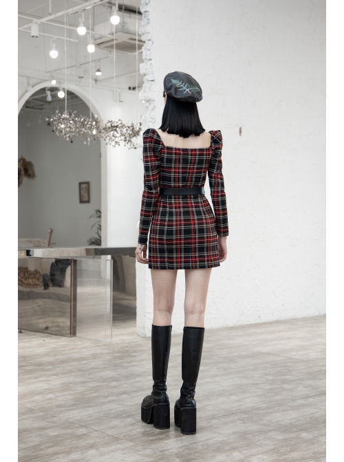Black Red Square Neck Chest Convolution Tuck In Checkered Wrap Punk Long Sleeved Dress