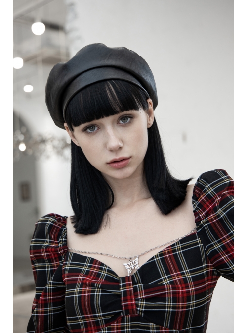 Black Red Square Neck Chest Convolution Tuck In Checkered Wrap Punk Long Sleeved Dress