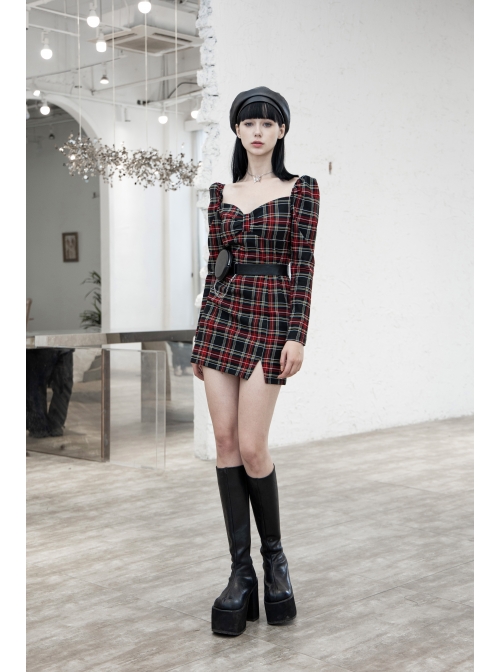 Black Red Square Neck Chest Convolution Tuck In Checkered Wrap Punk Long Sleeved Dress