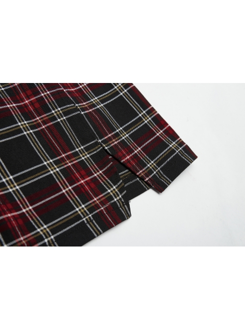 Black Red Square Neck Chest Convolution Tuck In Checkered Wrap Punk Long Sleeved Dress