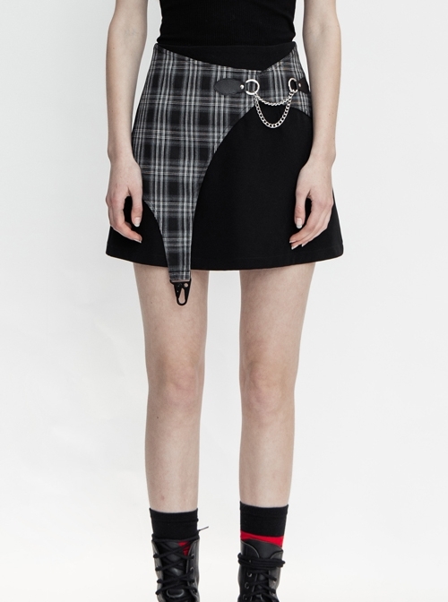 Black White Asymmetrical Trellis Stitching Checkered Removable Chain Punk A-Skirt