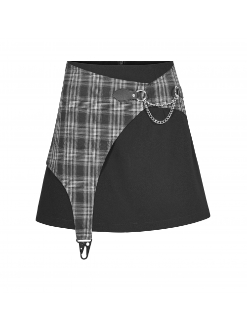 Black White Asymmetrical Trellis Stitching Checkered Removable Chain Punk A-Skirt