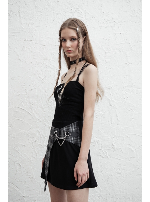 Black White Asymmetrical Trellis Stitching Checkered Removable Chain Punk A-Skirt