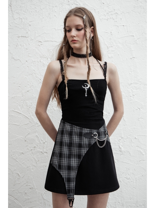 Black White Asymmetrical Trellis Stitching Checkered Removable Chain Punk A-Skirt