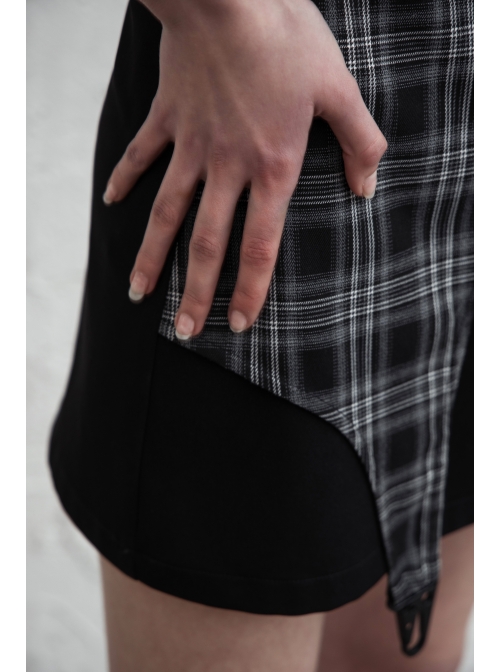 Black White Asymmetrical Trellis Stitching Checkered Removable Chain Punk A-Skirt