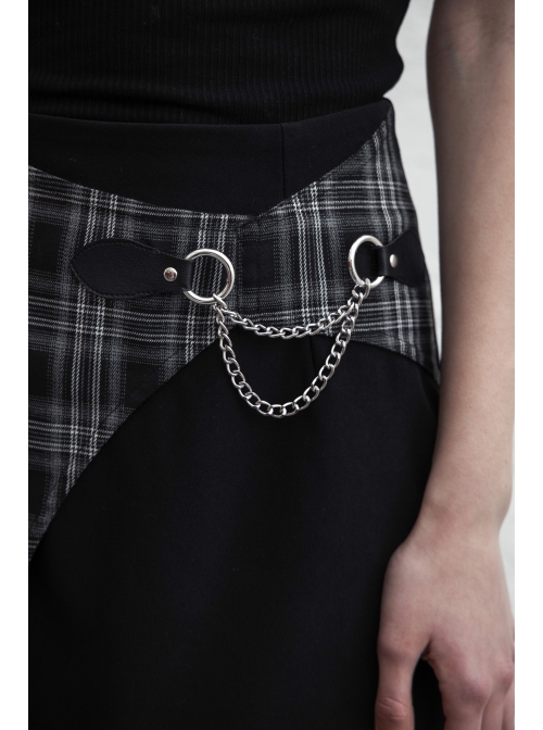 Black White Asymmetrical Trellis Stitching Checkered Removable Chain Punk A-Skirt