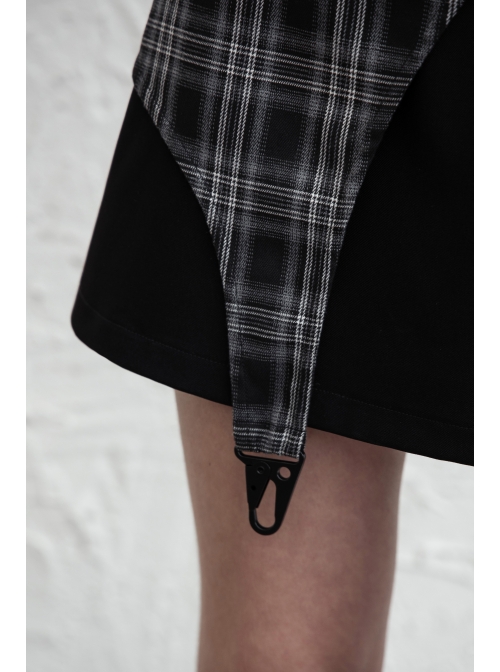 Black White Asymmetrical Trellis Stitching Checkered Removable Chain Punk A-Skirt