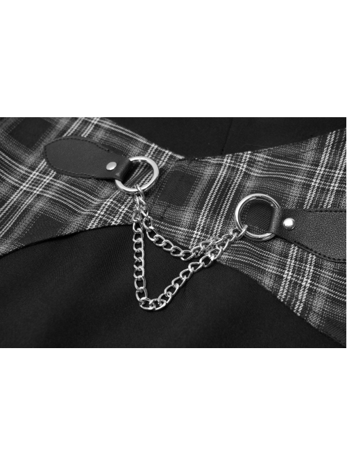 Black White Asymmetrical Trellis Stitching Checkered Removable Chain Punk A-Skirt