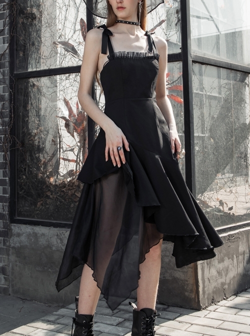 Front Chest Organza Lace Decoration Cross-Tied Rope Shoulder Strap Irregular Splice Mesh Hem Black Punk Dress
