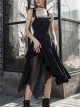 Front Chest Organza Lace Decoration Cross-Tied Rope Shoulder Strap Irregular Splice Mesh Hem Black Punk Dress
