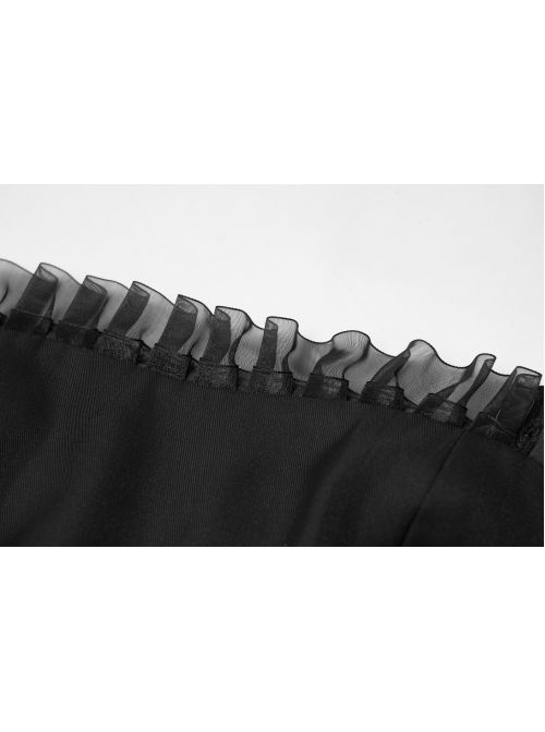 Front Chest Organza Lace Decoration Cross-Tied Rope Shoulder Strap Irregular Splice Mesh Hem Black Punk Dress