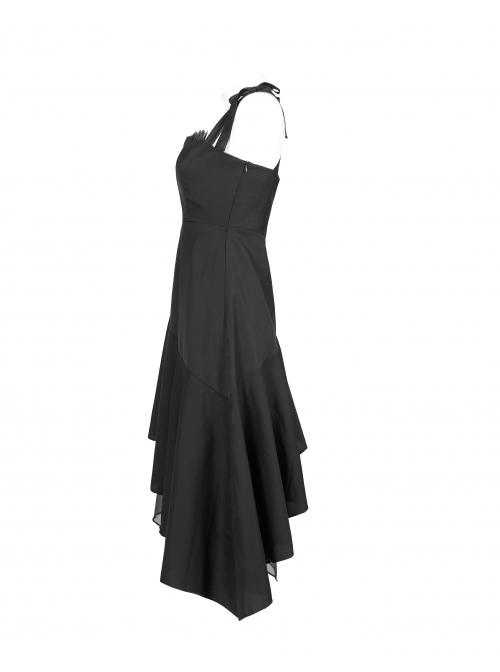Front Chest Organza Lace Decoration Cross-Tied Rope Shoulder Strap Irregular Splice Mesh Hem Black Punk Dress