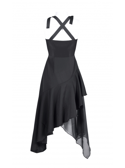 Front Chest Organza Lace Decoration Cross-Tied Rope Shoulder Strap Irregular Splice Mesh Hem Black Punk Dress
