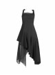 Front Chest Organza Lace Decoration Cross-Tied Rope Shoulder Strap Irregular Splice Mesh Hem Black Punk Dress