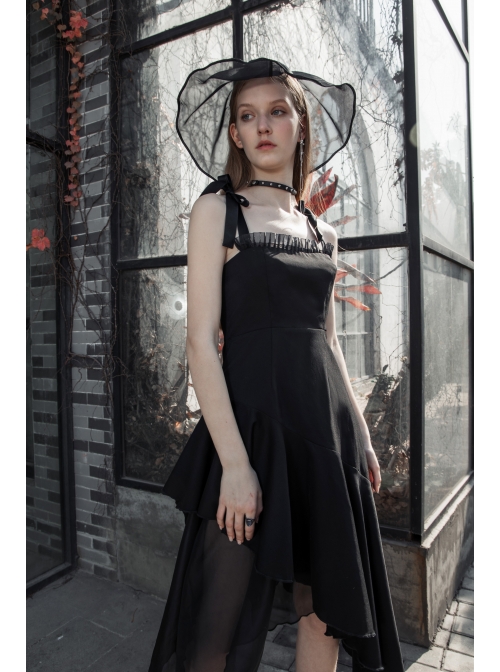 Front Chest Organza Lace Decoration Cross-Tied Rope Shoulder Strap Irregular Splice Mesh Hem Black Punk Dress