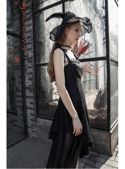 Front Chest Organza Lace Decoration Cross-Tied Rope Shoulder Strap Irregular Splice Mesh Hem Black Punk Dress