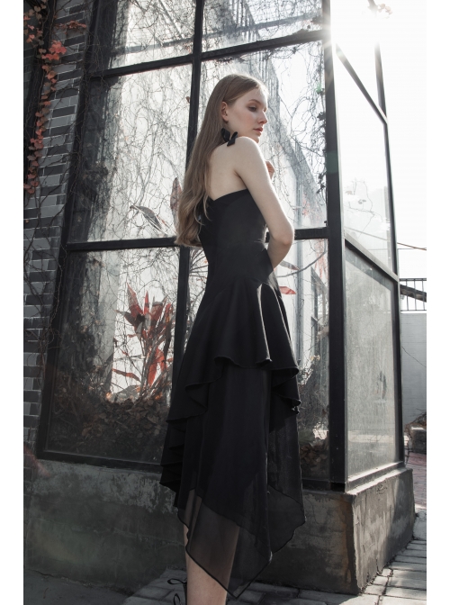 Front Chest Organza Lace Decoration Cross-Tied Rope Shoulder Strap Irregular Splice Mesh Hem Black Punk Dress