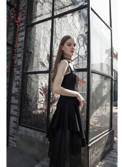 Front Chest Organza Lace Decoration Cross-Tied Rope Shoulder Strap Irregular Splice Mesh Hem Black Punk Dress