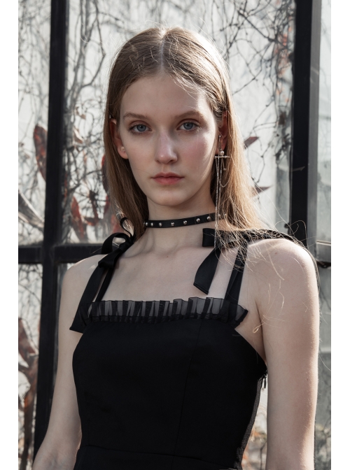 Front Chest Organza Lace Decoration Cross-Tied Rope Shoulder Strap Irregular Splice Mesh Hem Black Punk Dress