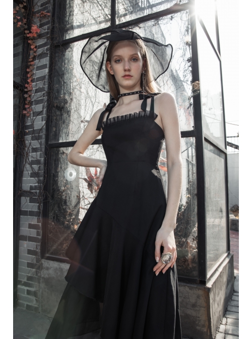 Front Chest Organza Lace Decoration Cross-Tied Rope Shoulder Strap Irregular Splice Mesh Hem Black Punk Dress