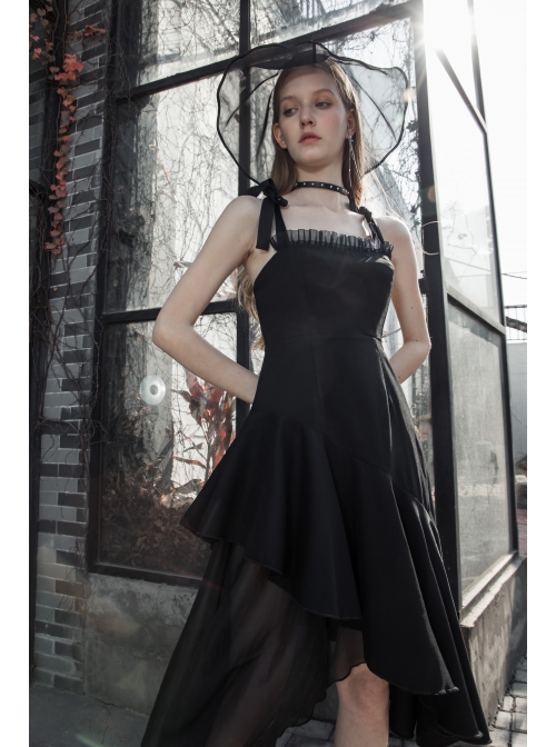 Front Chest Organza Lace Decoration Cross-Tied Rope Shoulder Strap Irregular Splice Mesh Hem Black Punk Dress