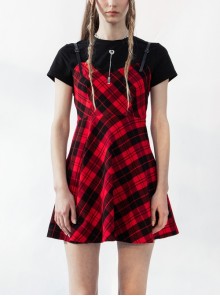 Fake Two-Piece Metal T-Shaped Necklace Short Sleeve Red Plaid A-Shaped Punk Dress