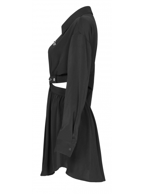Buckle Belt Long Sleeve Black Punk Midriff Denim Dress
