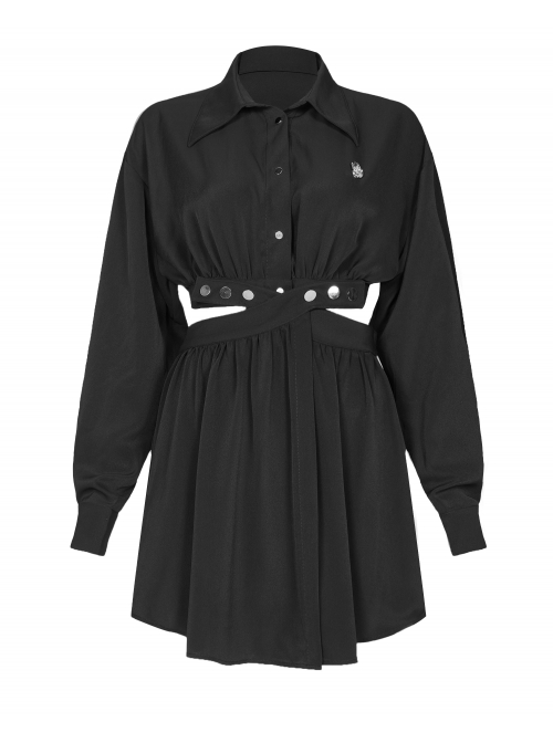 Buckle Belt Long Sleeve Black Punk Midriff Denim Dress
