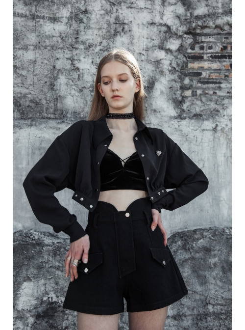 Buckle Belt Long Sleeve Black Punk Midriff Denim Dress