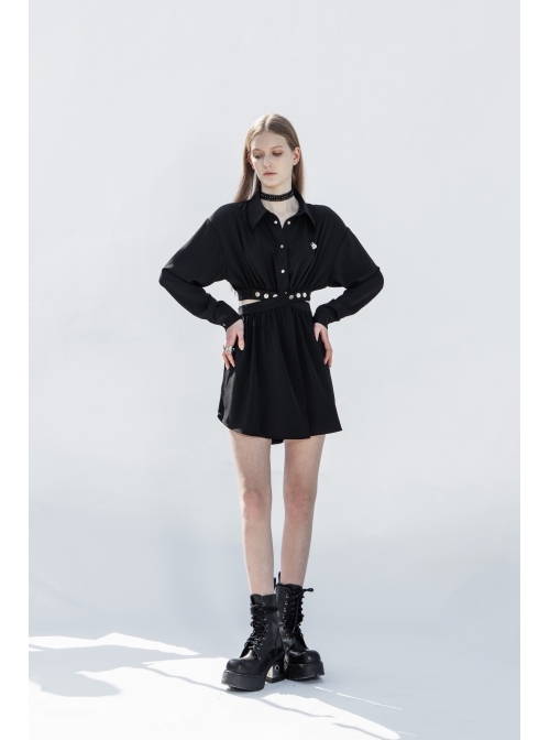 Buckle Belt Long Sleeve Black Punk Midriff Denim Dress