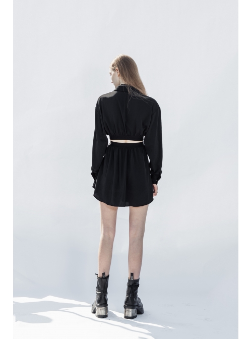 Buckle Belt Long Sleeve Black Punk Midriff Denim Dress