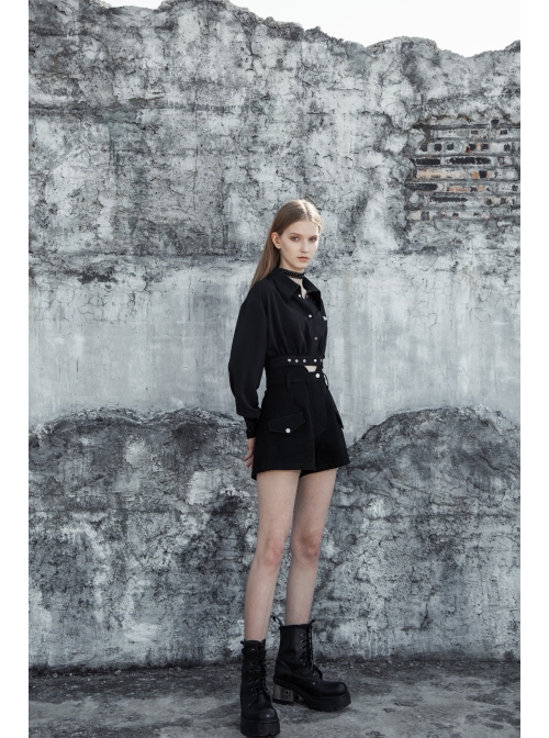 Buckle Belt Long Sleeve Black Punk Midriff Denim Dress