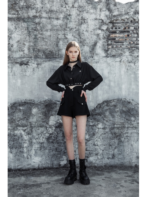 Buckle Belt Long Sleeve Black Punk Midriff Denim Dress